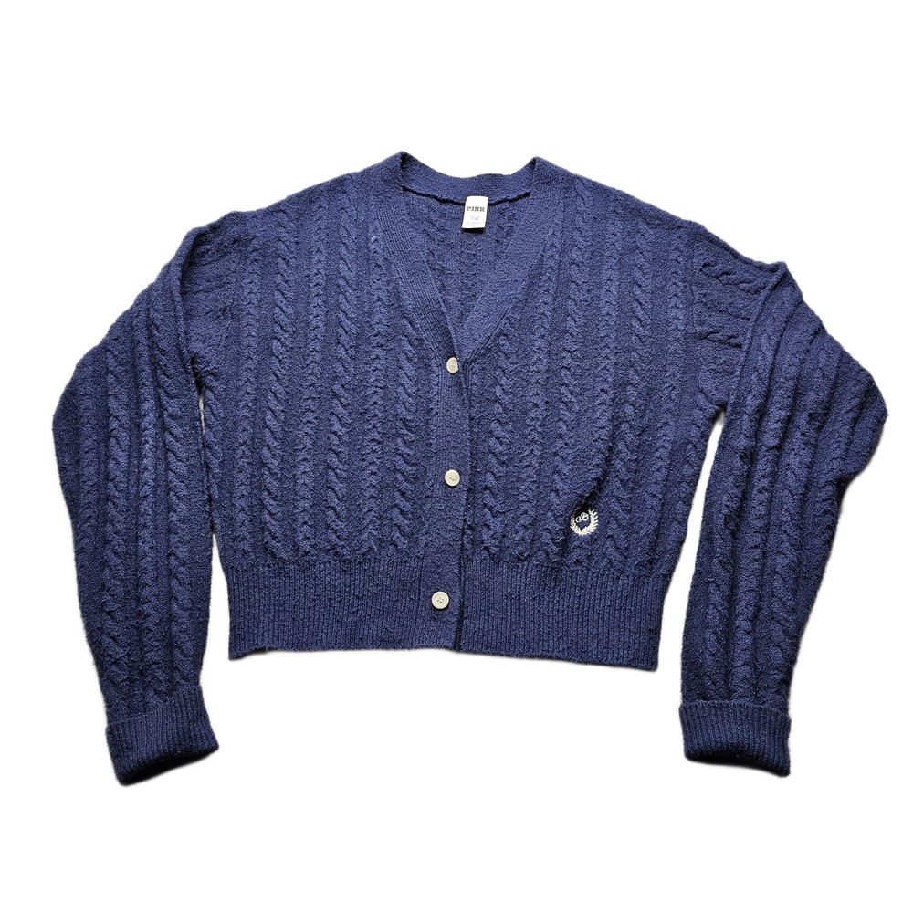 PINK Victoria's Secret Cardigan Womens Small Blue Cable Knit V-Neck Button Front